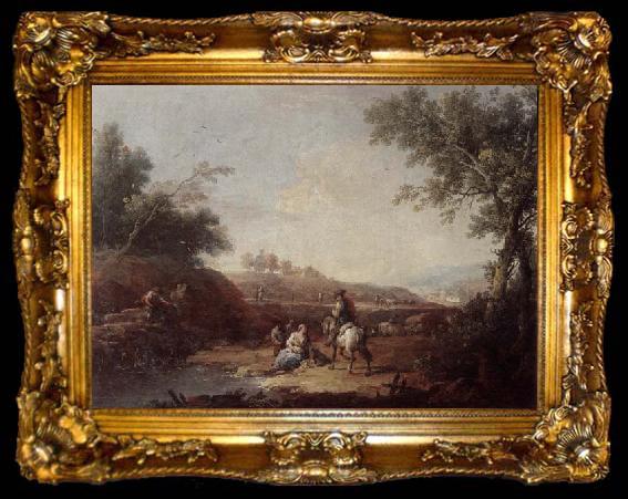 framed  Giuseppe Zais An italianate landscape with fishermen and travellers resting beside a pool, ta009-2
